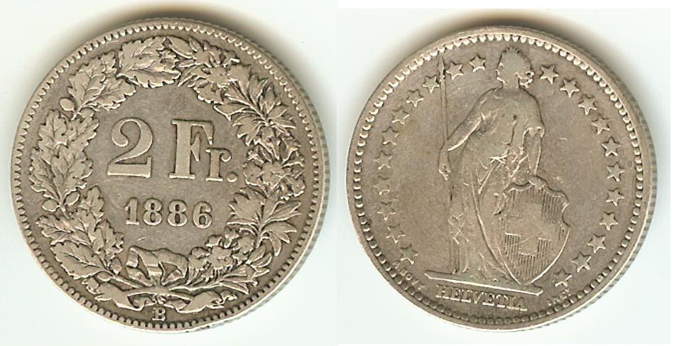 Swiss 2 Francs 1886B VF